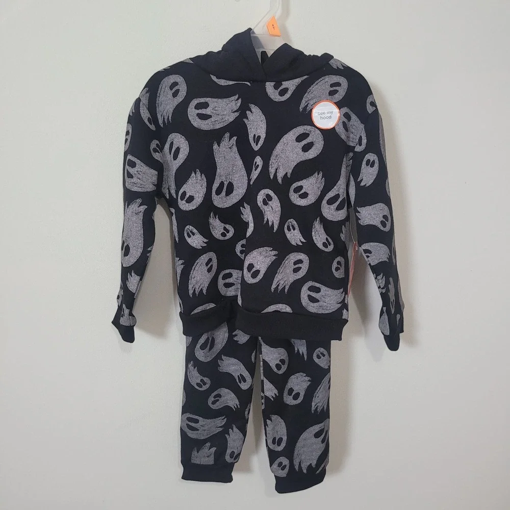 Wonder Nation Size 4T Halloween Set Toddler Ghost Print Hoodie and Joggers Black